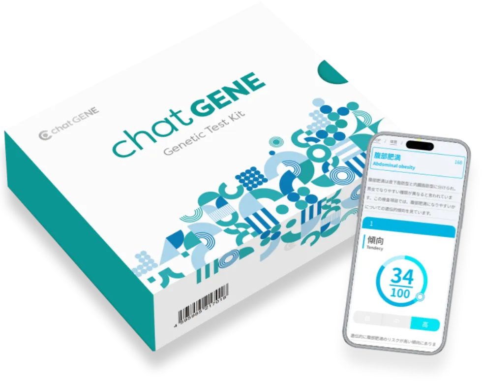 セットに含まれるchatGENE遺伝子検査キットとWebレポートの画面例
